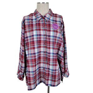 Chic Plaid Blouse Size 2X Button Front Sleeve Slit and Cuff Red Blue Vintage Y2K